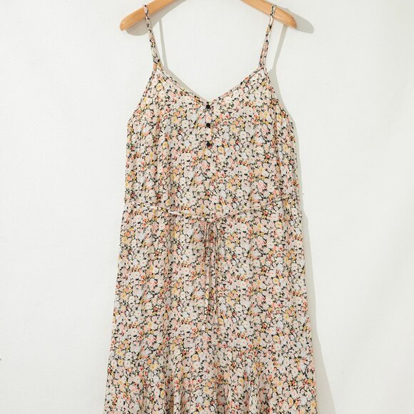 B279 Khaki Boho Floral Print Tie Waist Flared Suspender Mini Dress - Picture 6 of 14